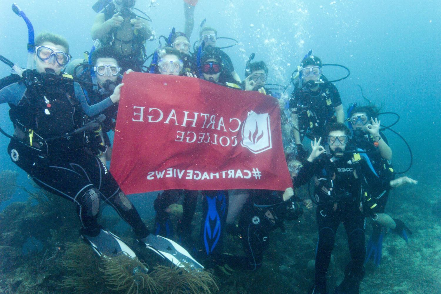 学生们手持<a href='http://5tfd.litpliant.net'>博彩网址大全</a>旗帜，在j学期洪都拉斯游学之旅中潜水.